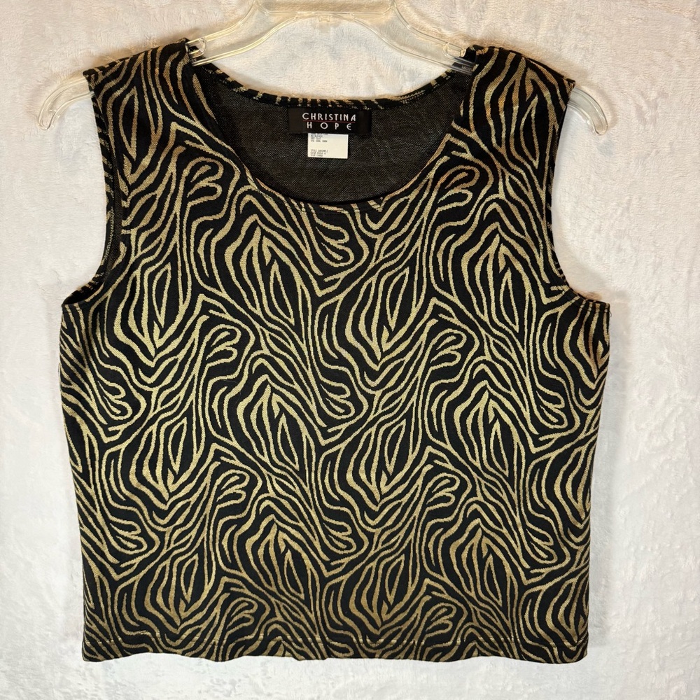 Vintage Christina Hope Knit Sleeveless Tank Top Metallic Gold Zebra Print Size L